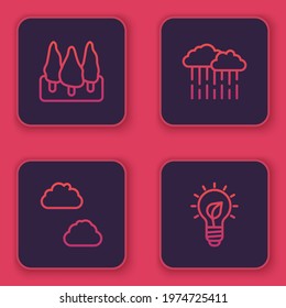 Set line Forest, Cloud, with rain and Light bulb leaf. Blue square button. Vector