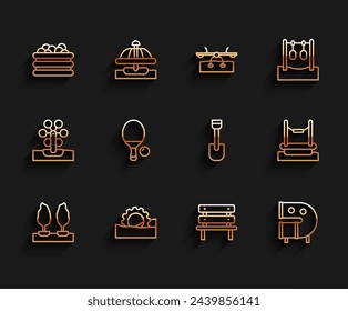 Set line Forest, Ferris wheel, Pool with balls, Bench, Kid playground slide pipe, Racket and, Bungee and Shovel toy icon. Vector