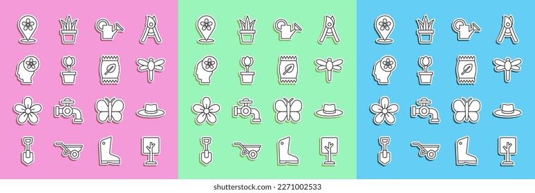 Fijar la línea Bosque, sombrero de obrero de jardinero, libélula, lata de agua, olla de tulipán de flores, cabeza humana con flor dentro, icono de la bolsa de localización y fertilizante. Vector