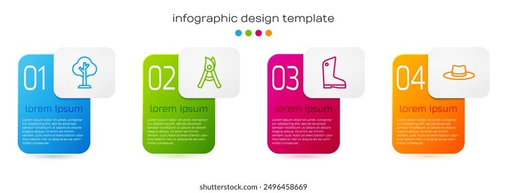 Set line Forest, Gardening handmade scissors, Rubber gloves and Gardener worker hat. Business infographic template. Vector