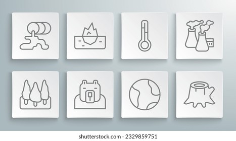 Set line Forest, Iceberg, Polar bear head, Earth globe, Tree stump, Meteorology thermometer, Smoke from factory and Barrel oil leak icon. Vector