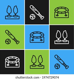 Set line Forest, Jumping trampoline and Baseball bat with ball icon. Vector