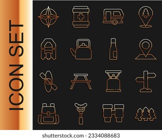 Set line Forest, Road traffic signpost, Location, Rv Camping trailer, Kettle with handle, Rafting boat, Wind rose and Bottle of water icon. Vector