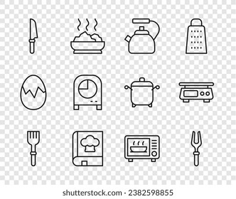 Fijar la horquilla, la horquilla de barbacoa, el hervidor de agua con mango, Cookbook, Cuchilla, temporizador de cocina, horno de microondas e icono de báscula electrónica. Vector