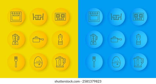 Set line Fork, Blender, Frying pan, Electric kettle, Pepper, Oven, Gas stove and Wooden table with chair icon. Vector