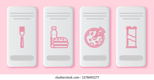 Set line Fork, Bottle of water and burger, Pizza and Soda can. White rectangle button. Vector