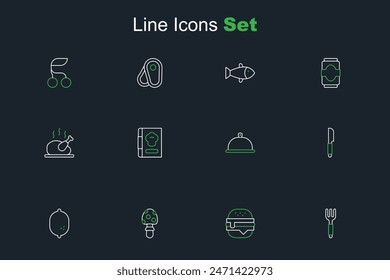 Set line Fork, Burger, Fly agaric mushroom, Lemon, Knife, Covered with tray of food, Cookbook and Roasted turkey chicken icon. Vector