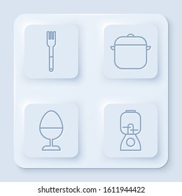 Set line Fork, Cooking pot, Chicken egg on a stand and Blender. White square button. Vector