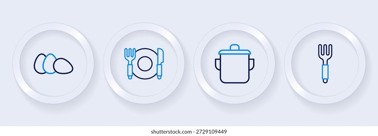 Definir linha Fork, panela de cozinha, placa, garfo e faca e ícone de ovo de galinha. Vetor