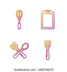 Set line Fork , Crossed fork and spoon , Kitchen whisk  and Cutting board . Gradient color icons. Vector