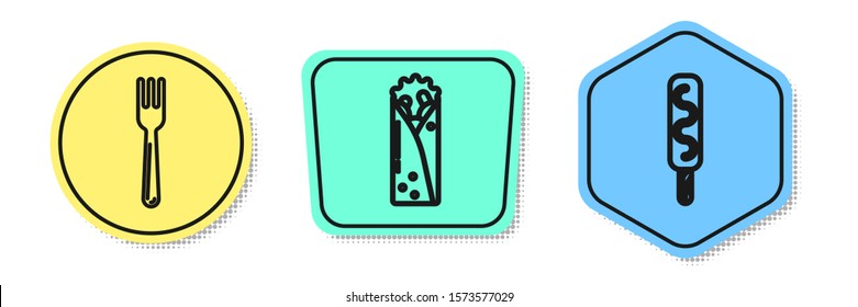 Set line Fork, Doner kebab and Ice cream. Colored shapes. Vector