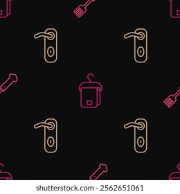 Set line Fork, Door handle and Towel on hanger on seamless pattern. Vector