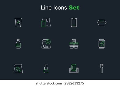 Set line Fork, Food ordering on mobile, Sauce bottle, Online fish, Soda can, Coffee cup to go, food and Bottle water icon. Vector