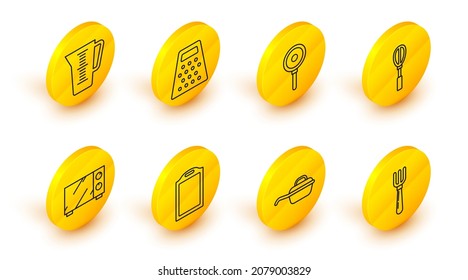 Set line Fork, Frying pan, Cutting board, Microwave oven, Kitchen whisk, Grater and Measuring cup icon. Vector