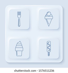 Set line Fork, Ice cream in waffle cone, Ice cream in waffle cone and Ice cream. White square button. Vector