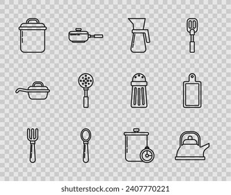 Set line Fork, Kettle with handle, Measuring cup, Spoon, Cooking pot, Spatula, kitchen timer and Cutting board icon. Vector