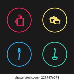 Set line Fork, Kitchen ladle, Cooking pot and Coffee cup icon. Vector