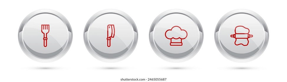 Set line Fork, Meat chopper, Chef hat and Rolling pin on dough. Silver circle button. Vector