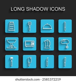 Set line Fork, Meat chopper, Grater, Knife, Bread knife, Microwave oven, Electric mixer and French press icon. Vector