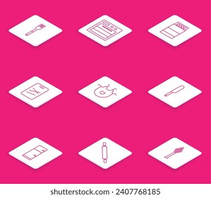 Fijar la horquilla, el horno, la caja de cerillas y cerillas abiertas, la tabla de corte, el delantal de la cocina, el Cuchillo, el refrigerador y el icono del pasador de rodillos. Vector