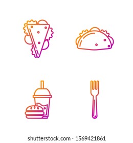 Set line Fork, Paper glass with drinking straw and burger, Sandwich and Taco with tortilla. Gradient color icons. Vector