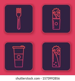 Set line Fork, Paper glass and water, Doner kebab and Doner kebab. Blue square button. Vector