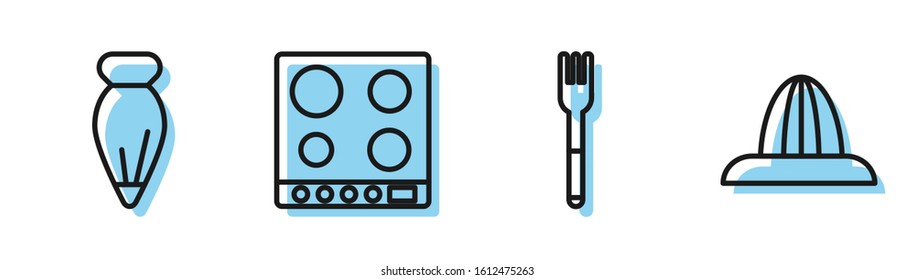 Fije la horquilla, Bolsa de pastelería para pasteles decorativos, Gasolina y el icono de jugo de frutas de Citrus. Vector