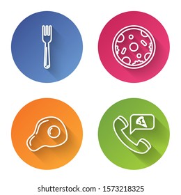 Set line Fork, Pizza, Scrambled eggs and Food ordering pizza. Color circle button. Vector