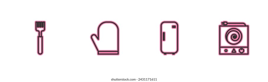 Set line Fork, Refrigerator, Oven glove and Electric stove icon. Vector