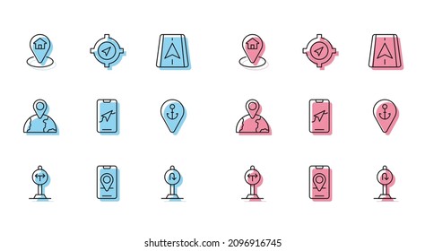 Set line Fork in the road, City map navigation, Location with house, Turn back sign, anchor, globe and Compass icon. Vector