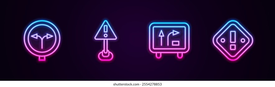 Set line Fork in the road, Exclamation mark triangle, Road traffic sign and . Glowing neon icon. Vector
