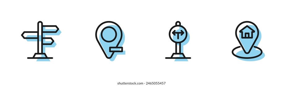 Set line Fork in the road, Road traffic sign, Location and with house icon. Vector