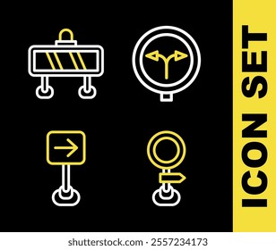 Set line Fork in the road, Road traffic sign, Traffic turn right and barrier icon. Vector