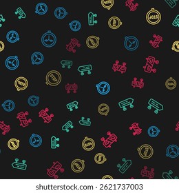 Set line Fork in the road, Road traffic sign, Stop and  on seamless pattern. Vector
