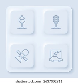 Set line Fork in the road, Traffic light, Satellite and City map navigation. White square button. Vector