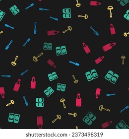 Set line Fork, Salt and pepper, Kitchen ladle and Grater on seamless pattern. Vector