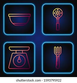 Set line Fork , Scales , Bowl  and Spatula . Gradient color icons. Vector