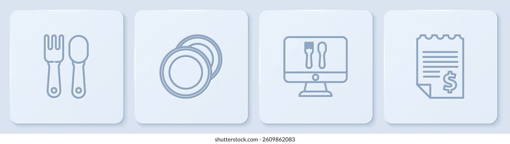 Set line Fork and spoon, Online ordering delivery, Plate and Paper financial check. White square button. Vector
