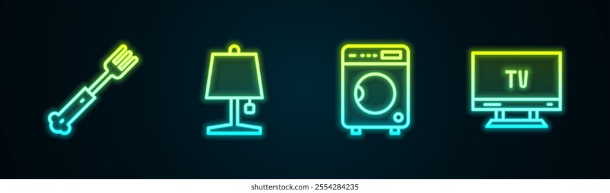 Set line Fork, Table lamp, Washer and Smart Tv. Glowing neon icon. Vector