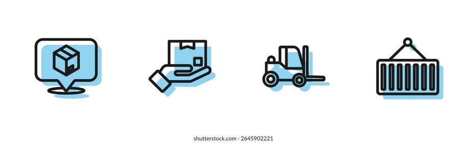 Set line Forklift truck, Location with cardboard box, Delivery hand and Container crane icon. Vector