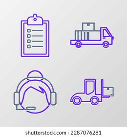 Set-Line Stapler, Support-Operator in Kontakt, Lieferung mit Kartons und Überprüfung der Lieferliste Zwischenablage Symbol. Vektorgrafik