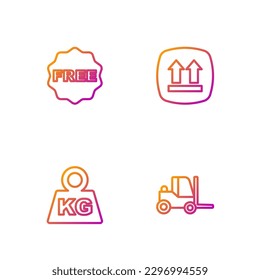 Set line Forklift truck, Weight, rice tag with Free and This side up. Gradient color icons. Vector