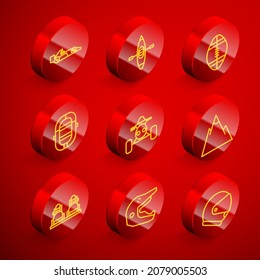 Set line Formula 1 racing car, Kayak canoe, Rugby ball, Rafting boat, ATV motorcycle, Mountains, Snowboard and Motocross helmet icon. Vector