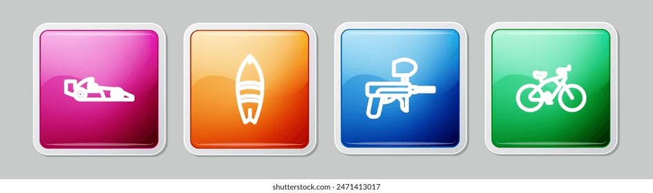 Fija la línea de coche de carreras de Fórmula 1, tabla de surf, pistola de Paintball y bicicleta. Botón cuadrado colorido. Vector