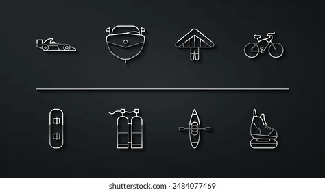 Fija la línea de coches de carreras de Fórmula 1, Snowboard, Bicicleta, Kayak canoa, Aqualung, Lancha rápida, Patines y el icono de ala delta colgante. Vector