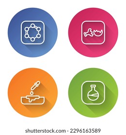 Set line Formula of benzene rings, Broken flask, Petri dish with pipette and Test tube and. Color circle button. Vector