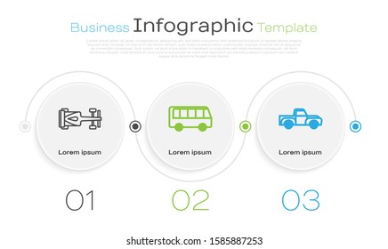 Set line Formula race car, Bus and Pickup truck. Business infographic template. Vector