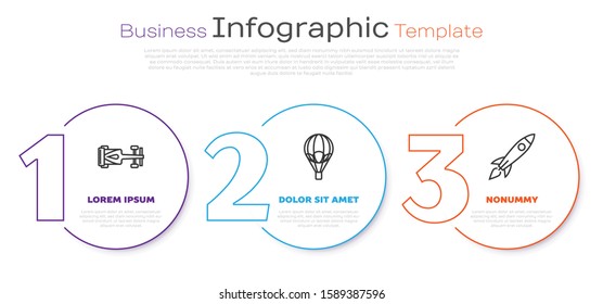 Set line Formula race car, Hot air balloon and Rocket ship with fire. Business infographic template. Vector