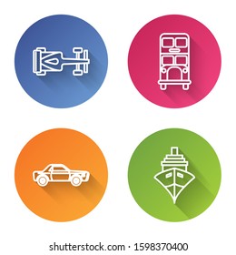 Set line Formula race car, Double decker bus, Sedan car and Cargo ship. Color circle button. Vector