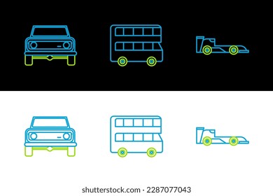Set line Formula race car, Off road and Double decker bus icon. Vector